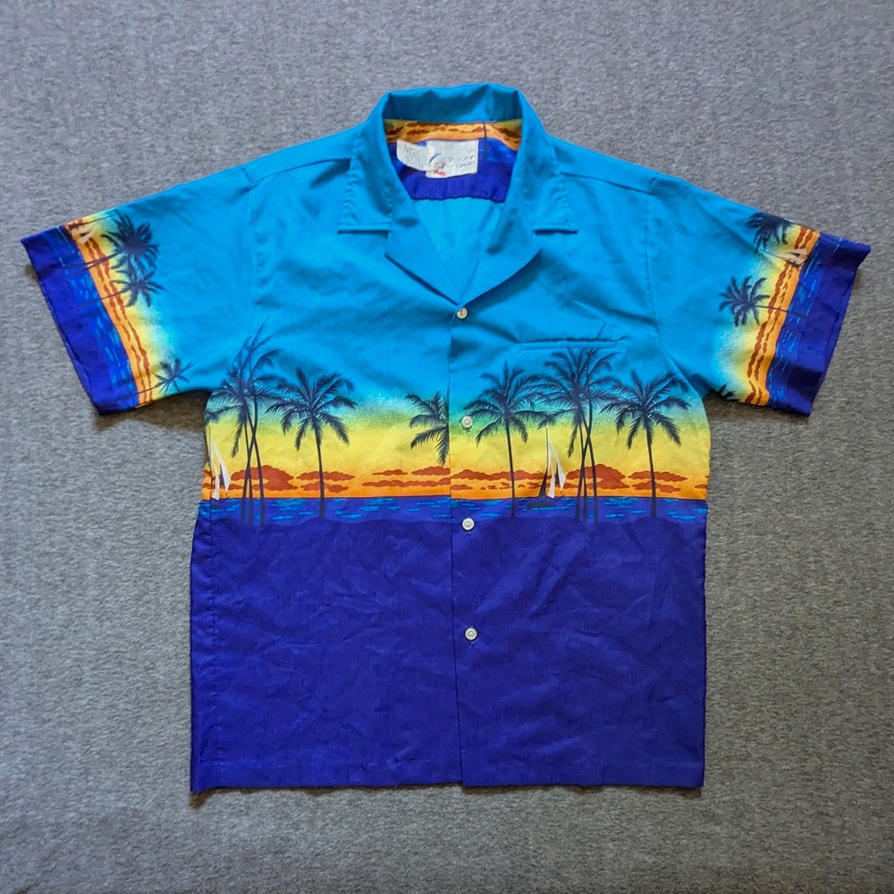VTG Shoreline Hawaii Button Up Shirt Mens Large Blue Tropical Sunset Palm Tree